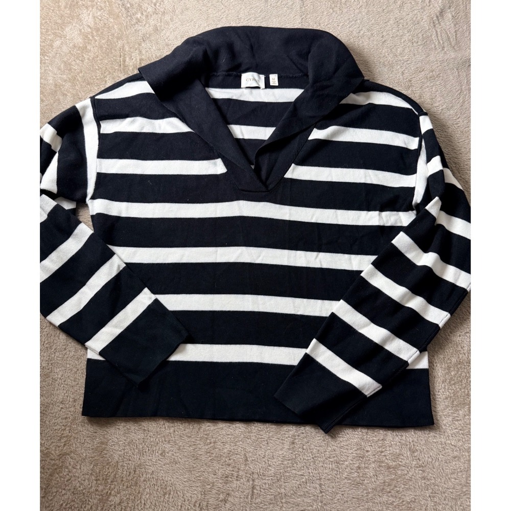 Cyrus Women Black White Striped Polo Collar Sweater M Preppy Minimalist Chic